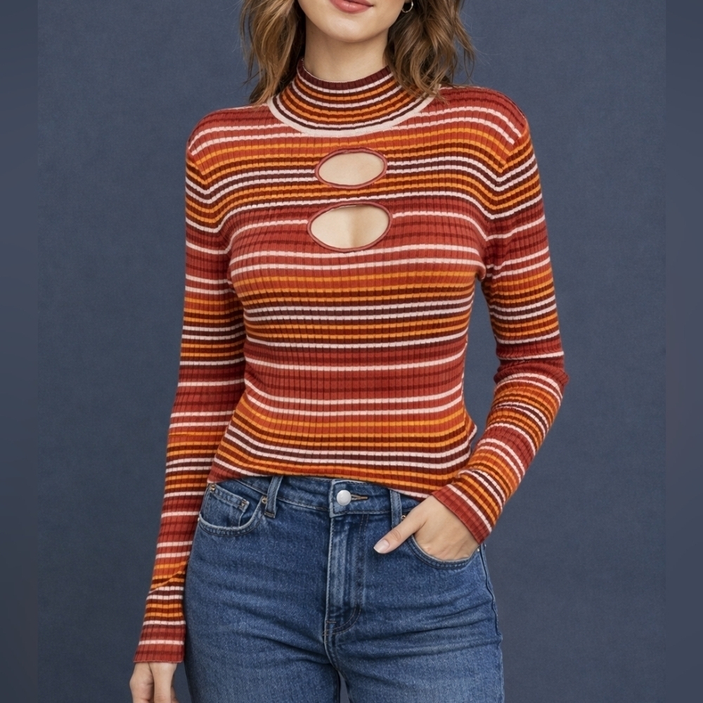 MADDEN NYC Striped Cut-out Long Sleeve High Neck Sweater
